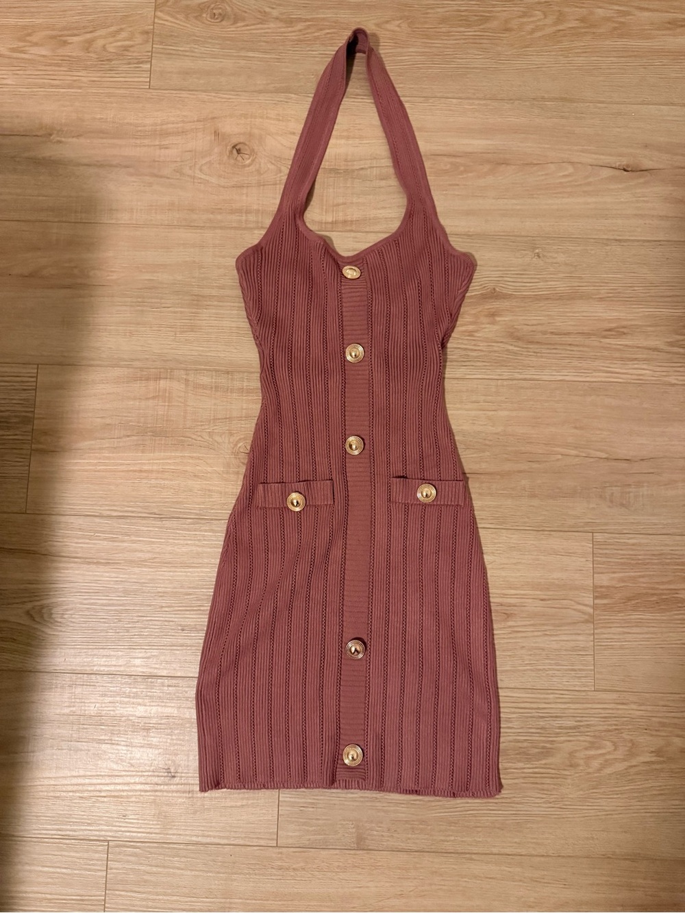 Knit Ribbed Halter Button-Front Mini Dress in Mauve - Picture 7 of 8